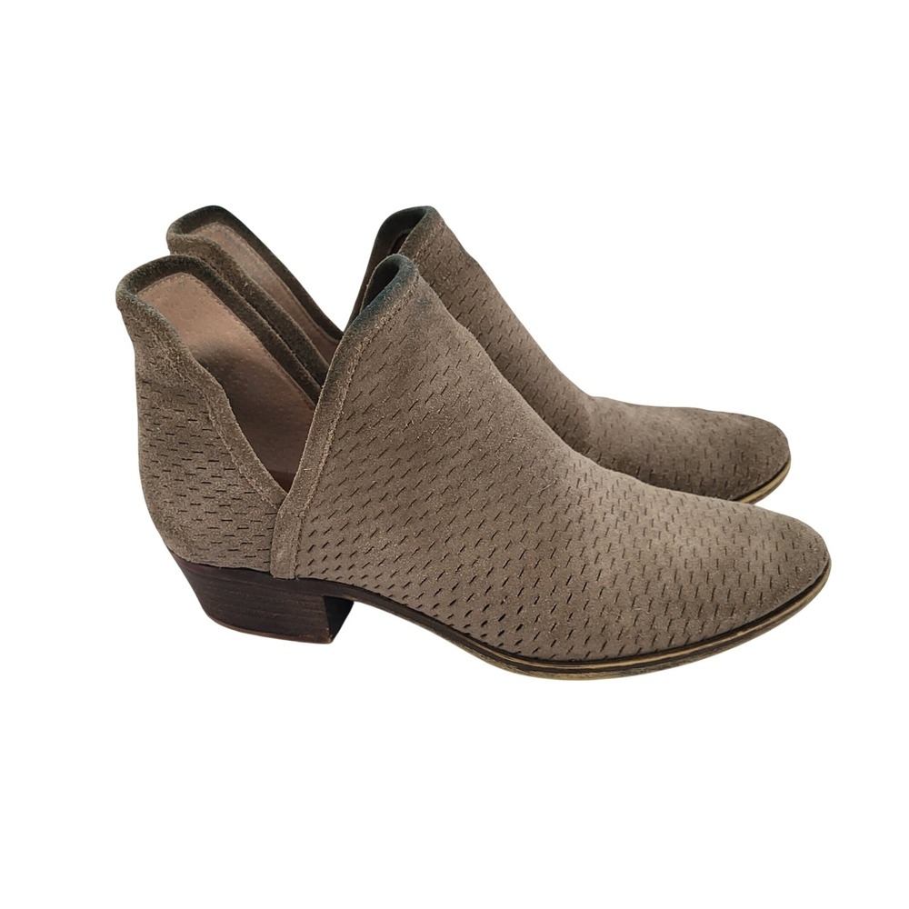 Lucky Brand Basel Perforated Suede Booties Taupe Side Slit Ankle Boots 8.5 39